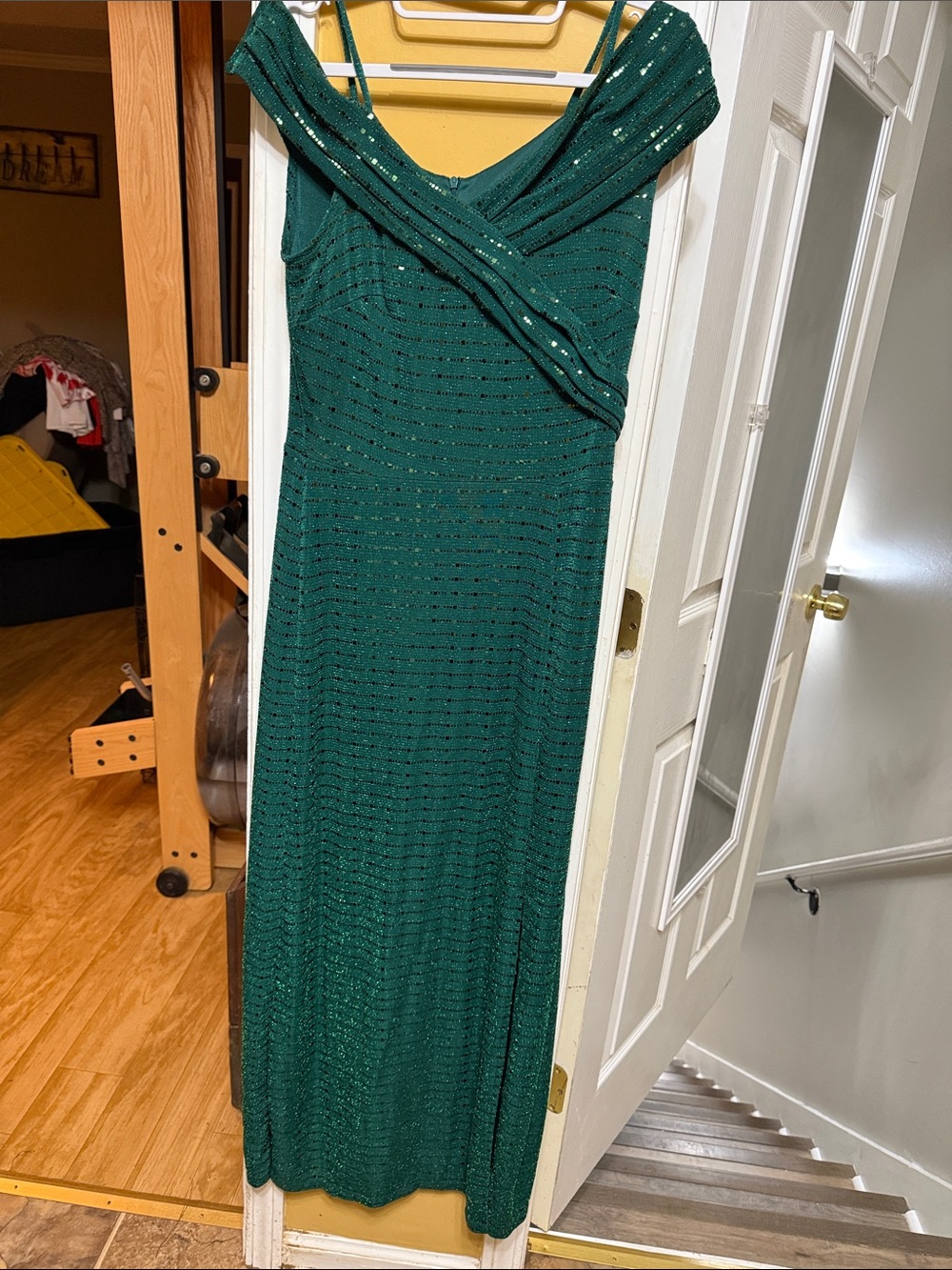 Alexa B Nites Emerald Green Off-Shoulder Maxi Dress w/Sparkle Evening Gown